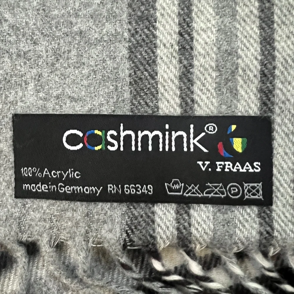 Cashmink V. Fraas Gray Plaid Fringed Scarf 65”‎ x 11.75”